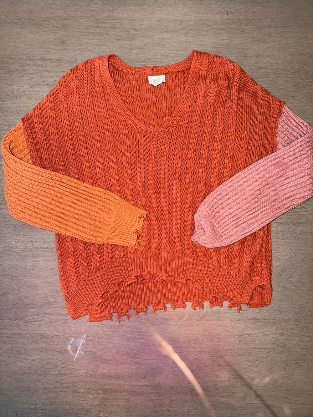 Rue21 Orange V-Neck Colorblock Distressed Knit Sweater